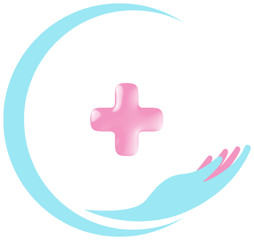 Lambang Care4U: bulan sabit, tanda plus medis, dan tangan yang menopang